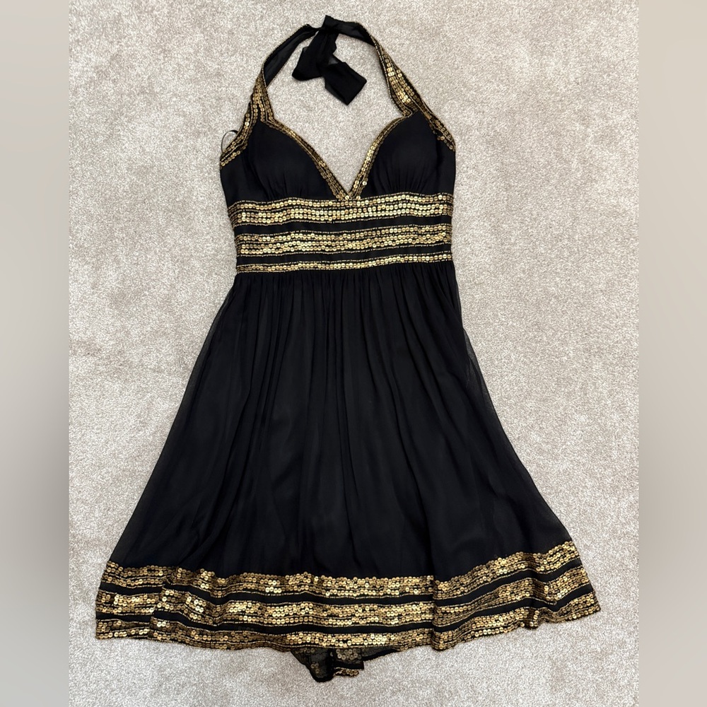 Vintage Cache Black Halter Dress with Gold Details - size 6 - NWT